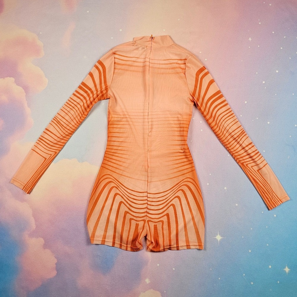 Fashion Nova Optical Illusion Mesh Romper Womens L Orange Graphic‎ Zipper Back